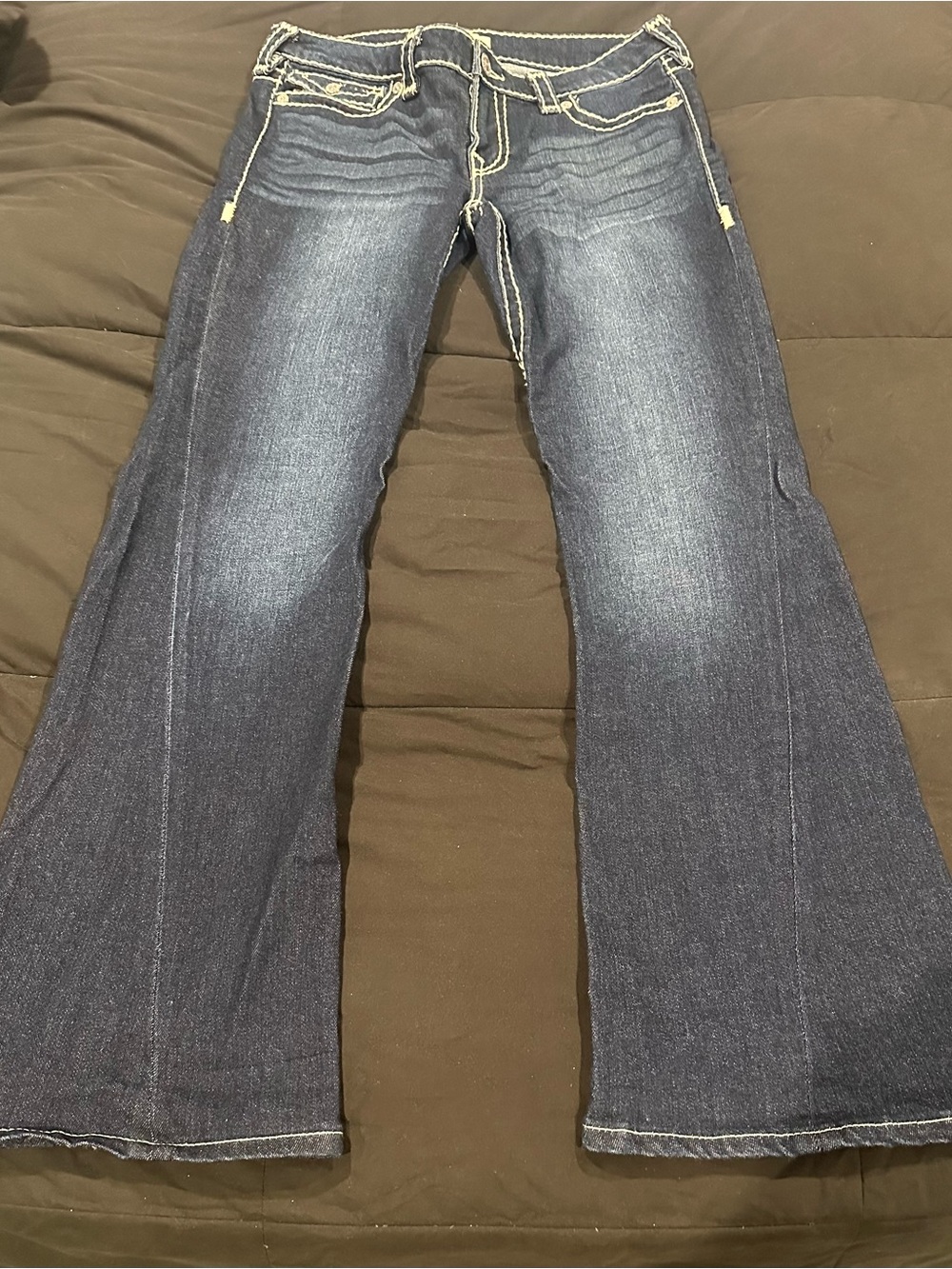 True Religion Joey Jeans Womens 30 Low Rise Flare Dark Wash Y2K Contrast Stitch